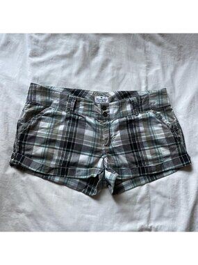 2000s green, blue and grey plaid mini shorts